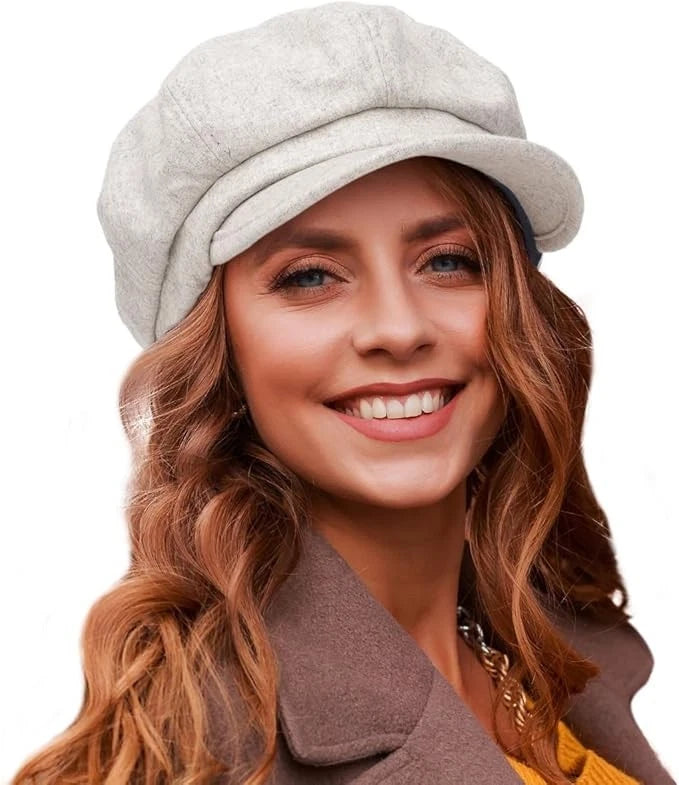 Women's Vintage Octagonal Newsboy Cap – 8 Panel Wool Cabbie Gatsby Beret Hat with Visor