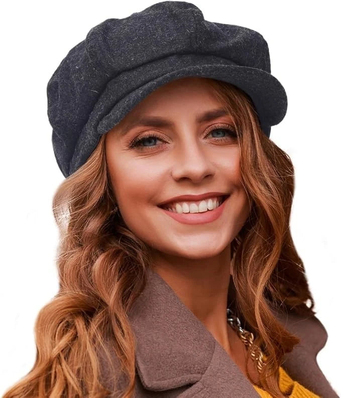 Women's Vintage Octagonal Newsboy Cap – 8 Panel Wool Cabbie Gatsby Beret Hat with Visor